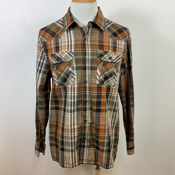 VIBES GOLD Button Front Plaid Long Sleeve Shirt Brown & Orange, sz XL - Picture 1 of 8